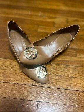 Tory Burch Camel Leather Pointed Toe Wedge with Gold Logo Medallion